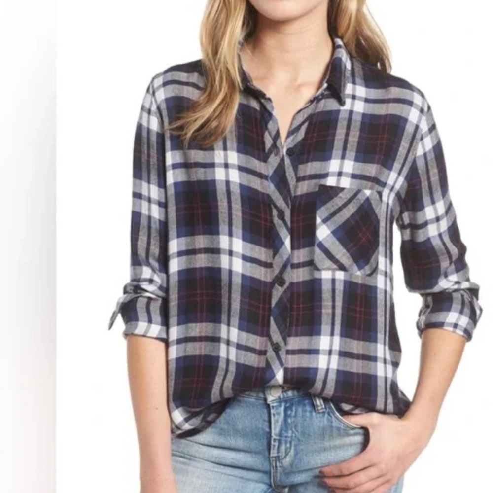 Rails Navy Blue and White Plaid Button-Down Shirt
